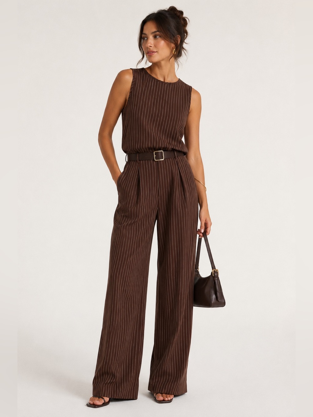 COMMENSE Pinstripe Wide-Leg Pants with Matching Sleeveless Top with belt
